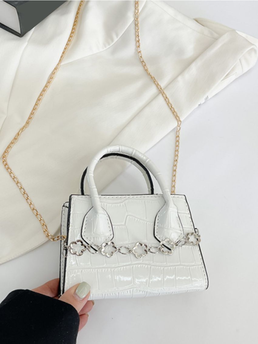 Mini Crocodile Embossed Flower Metal Decor Square Bag