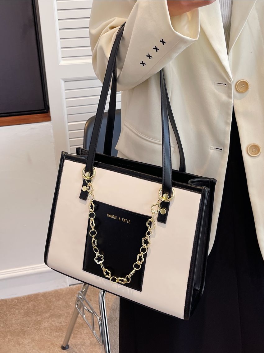 Letter Graphic Pocket Front Design Shoulder Tote Bag