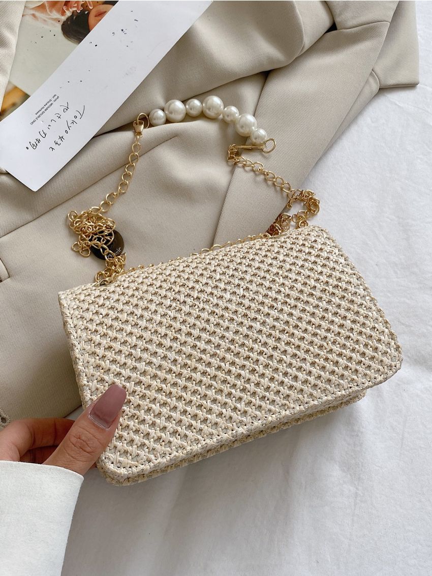 Faux Pearl Decor Flap Chain Straw Bag