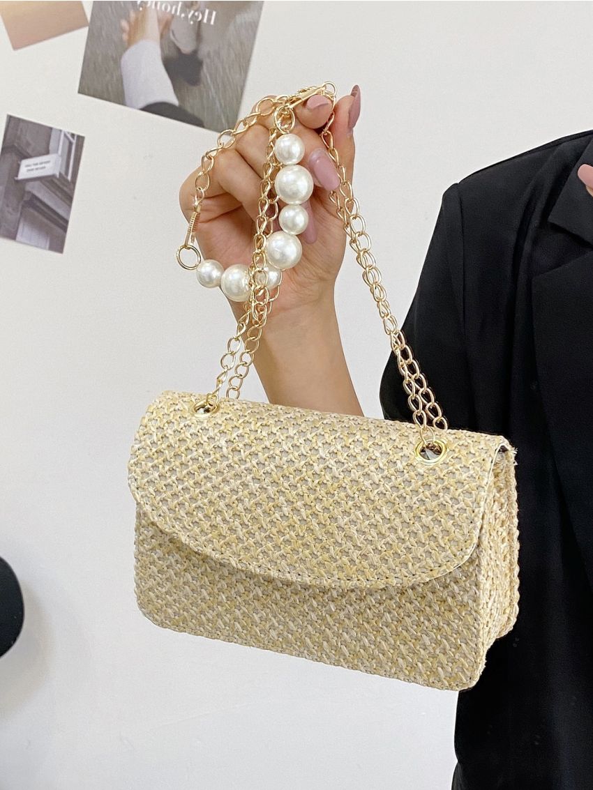 Faux Pearl Decor Flap Chain Straw Bag