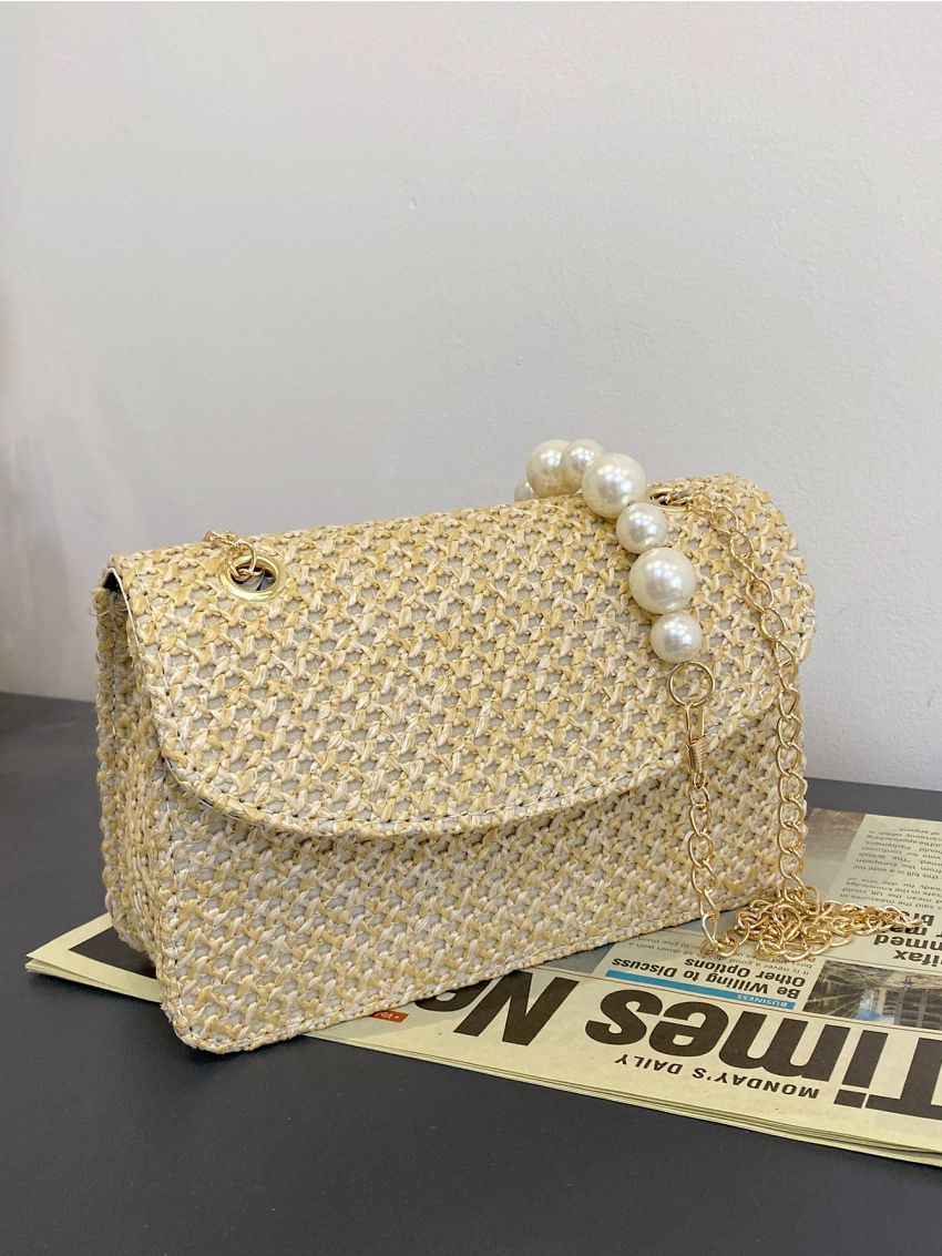 Faux Pearl Decor Flap Chain Straw Bag