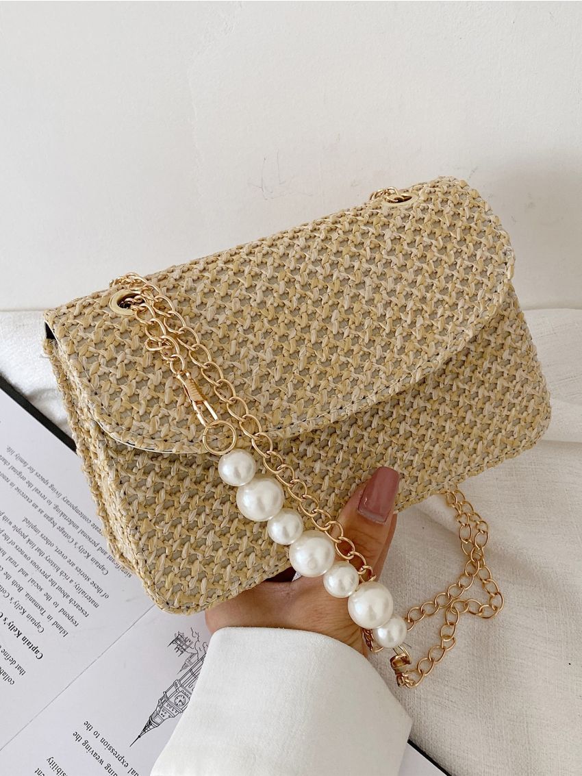 Faux Pearl Decor Flap Chain Straw Bag
