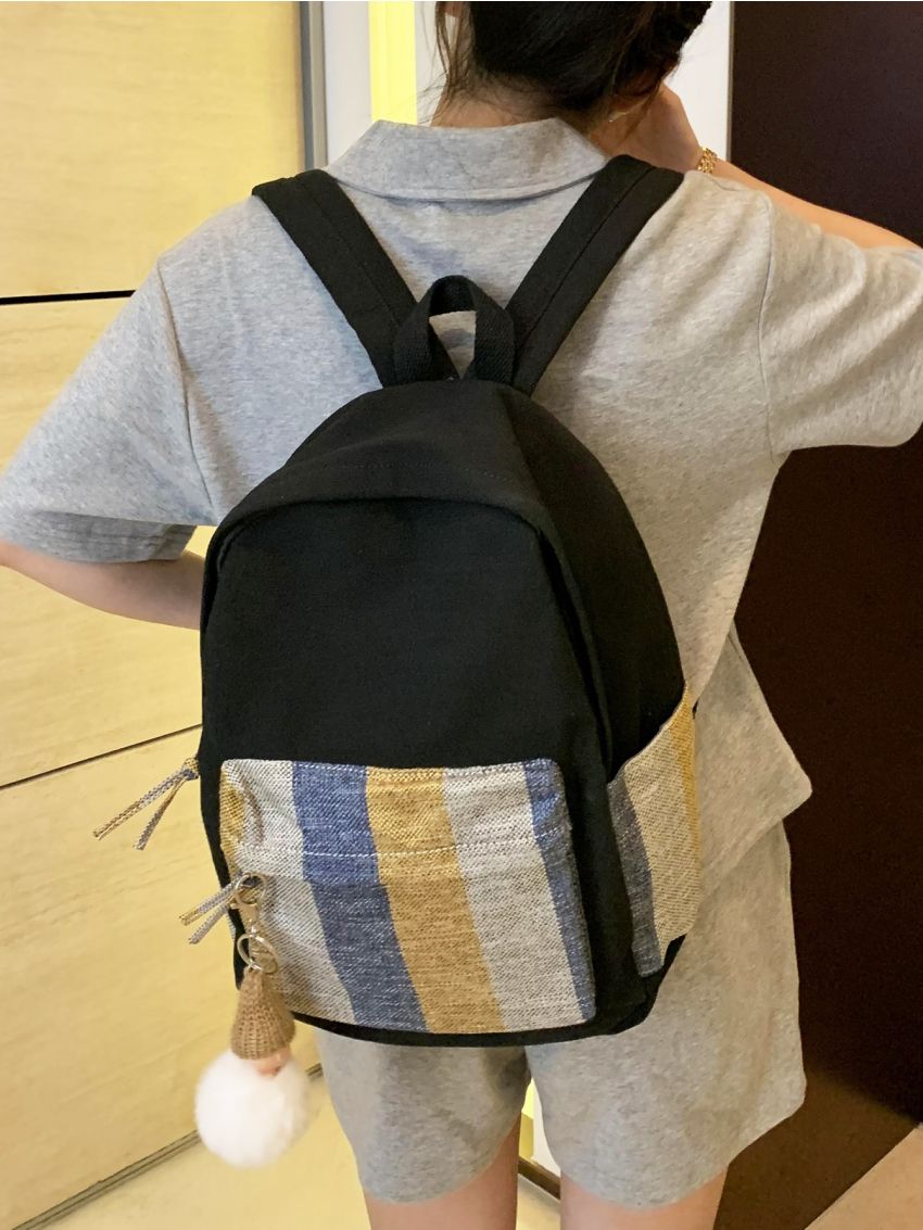 Colorblock Pocket Front Backpack With Doll