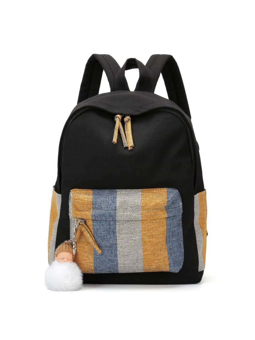 Colorblock Pocket Front Backpack With Doll