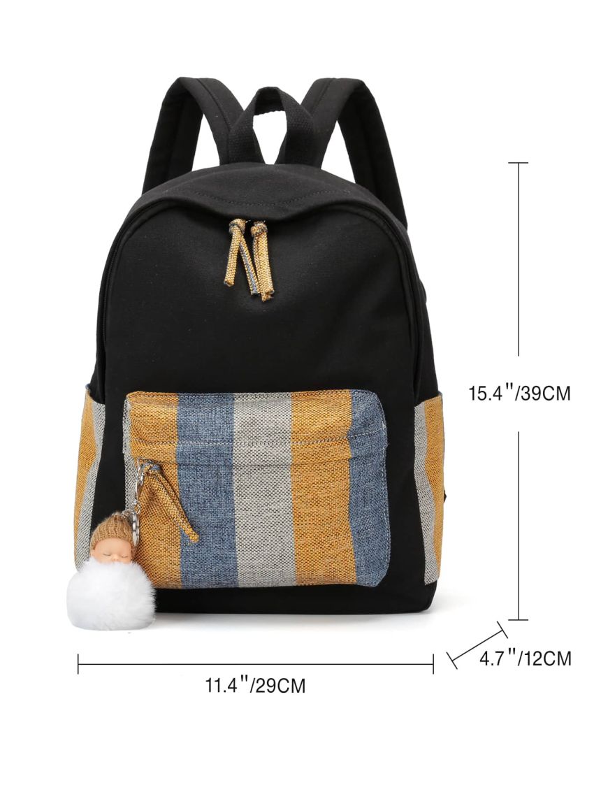 Colorblock Pocket Front Backpack With Doll