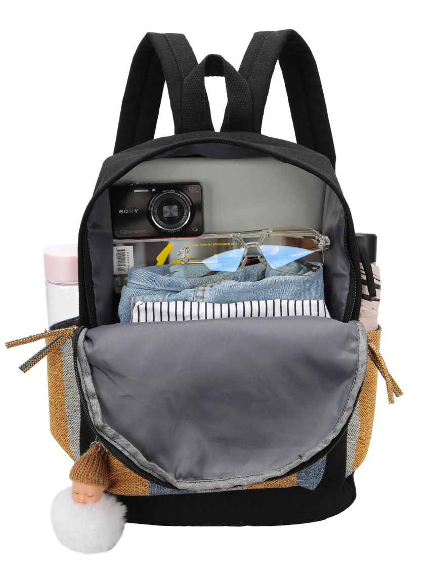 Colorblock Pocket Front Backpack With Doll