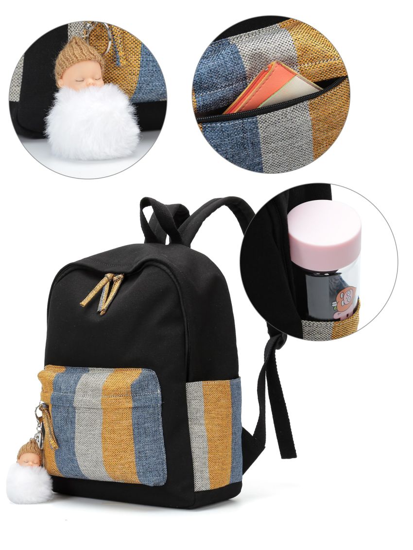 Colorblock Pocket Front Backpack With Doll