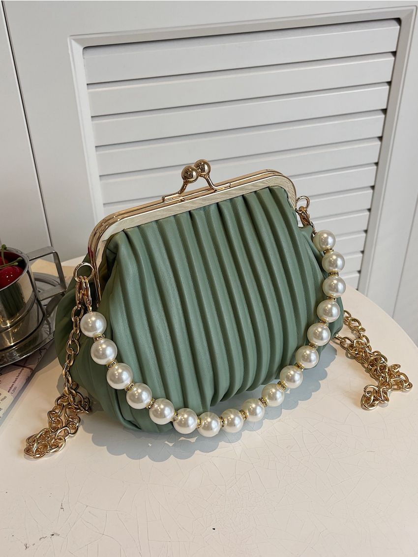 Faux Pearl Decor Kiss Lock Ruched Bag