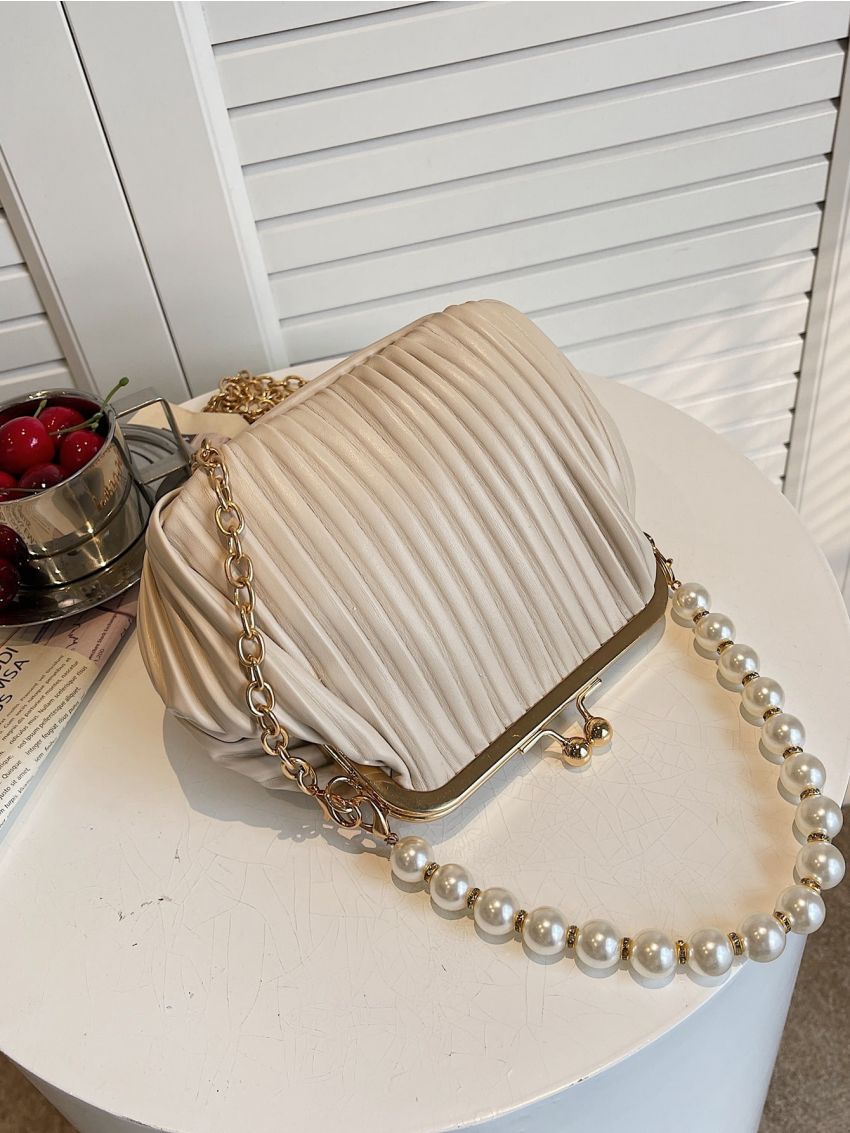 Faux Pearl Decor Kiss Lock Ruched Bag