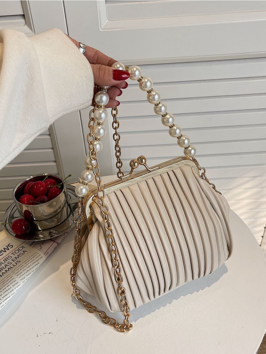 Faux Pearl Decor Kiss Lock Ruched Bag