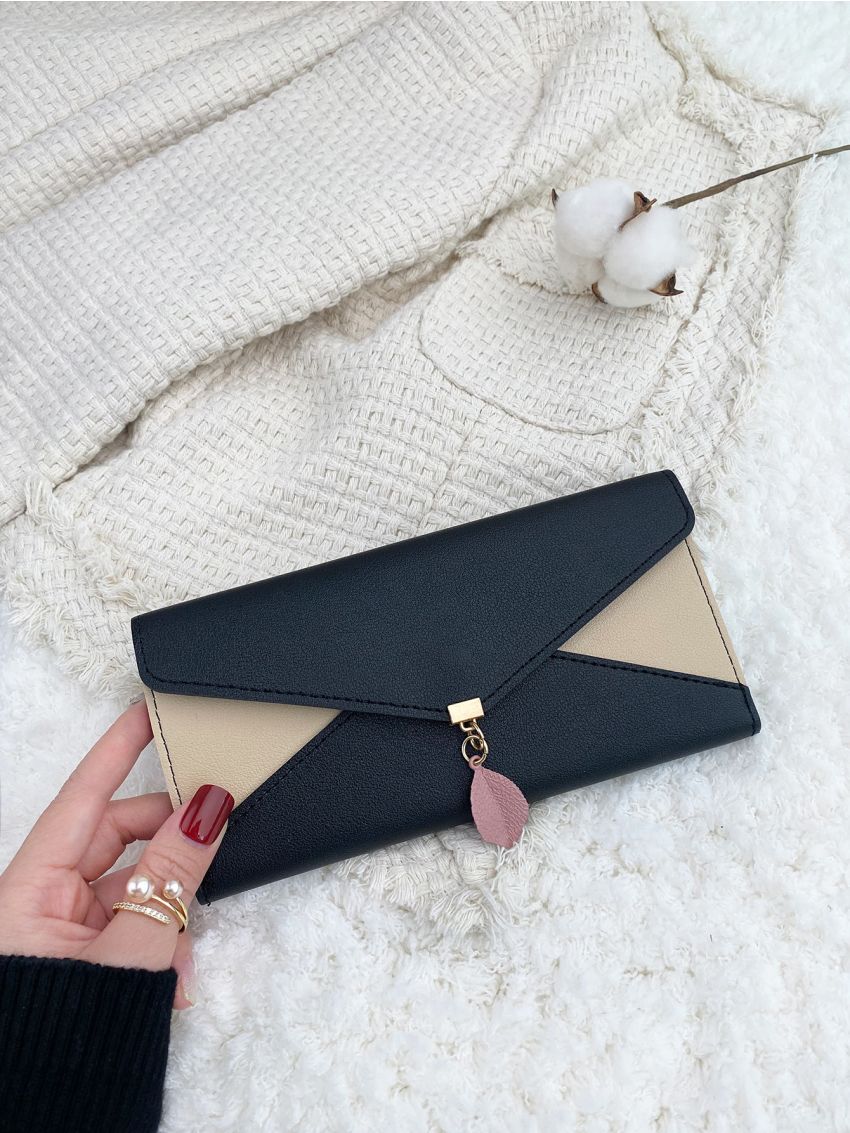 Colorblock Leaf Decor Long Wallet