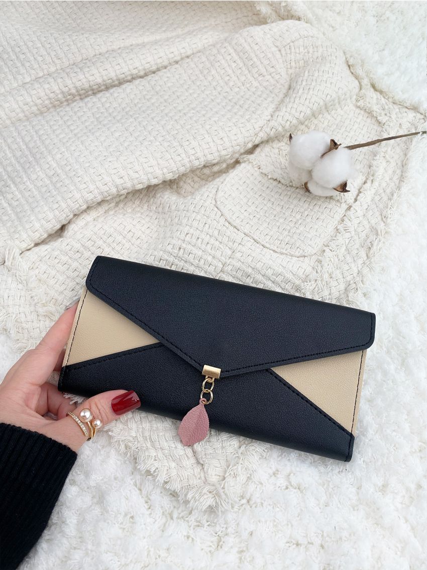 Colorblock Leaf Decor Long Wallet