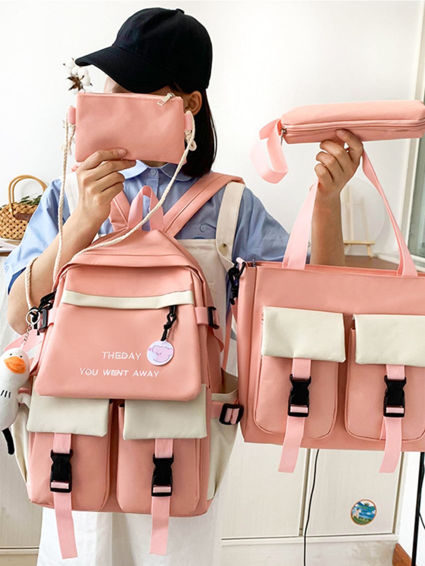 4Pcs Letter Graphic Pocket Front Backpack Set