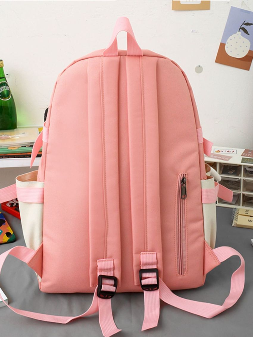4Pcs Letter Graphic Pocket Front Backpack Set