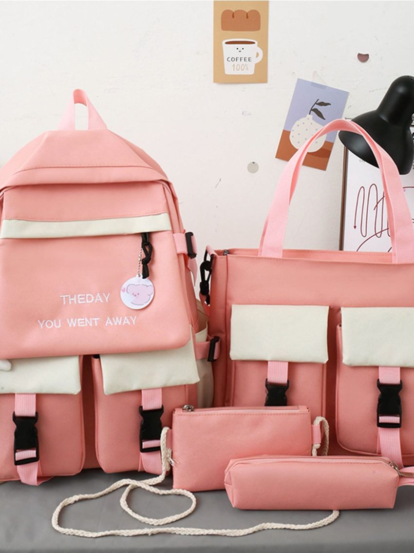 4Pcs Letter Graphic Pocket Front Backpack Set