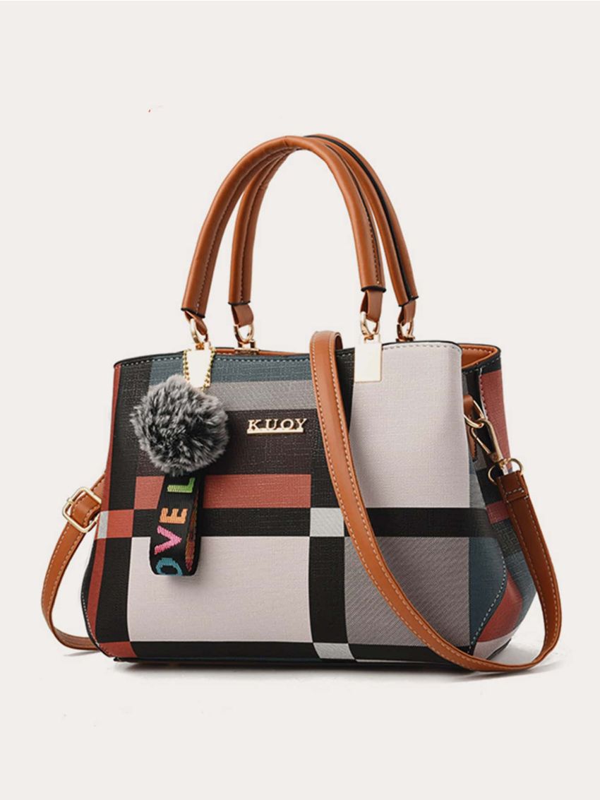 Colorblock Plaid Tote Bag With Pom Pom Charm