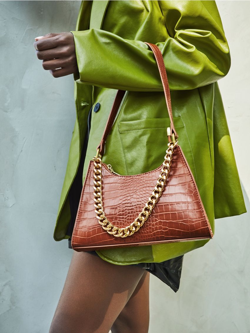 Crocodile Embossed Chain Baguette Bag