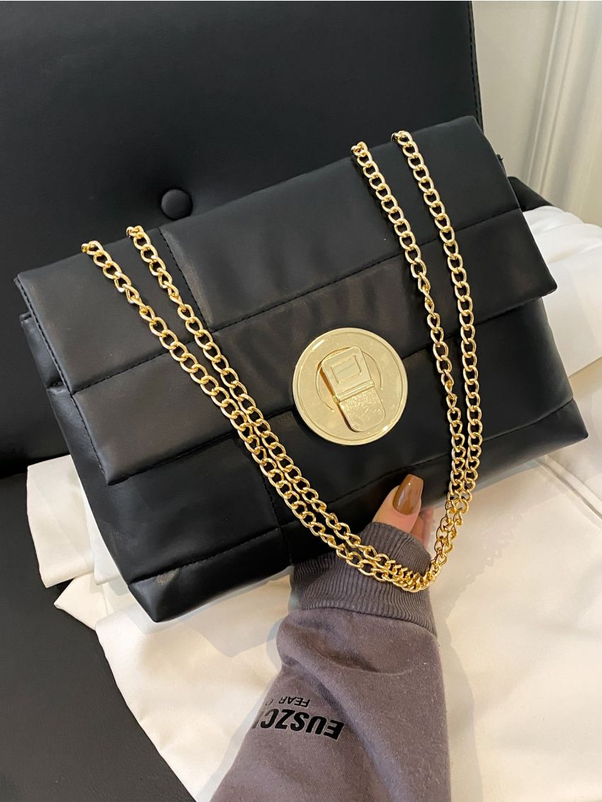 Quilted Pattern Metal Lock Design Shoulder Tote Bag