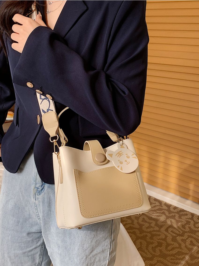 Colorblock Letter Strap Bucket Bag