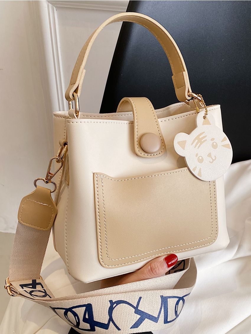 Colorblock Letter Strap Bucket Bag