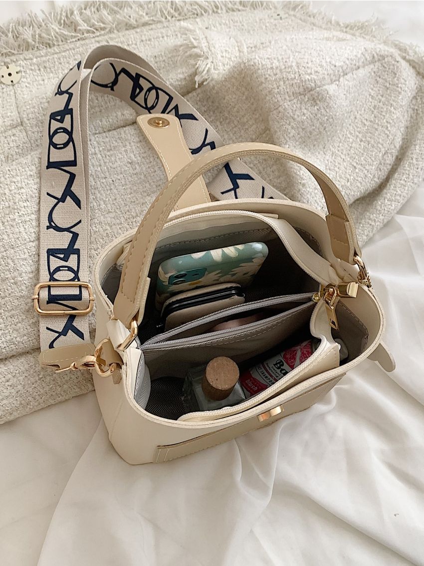 Colorblock Letter Strap Bucket Bag