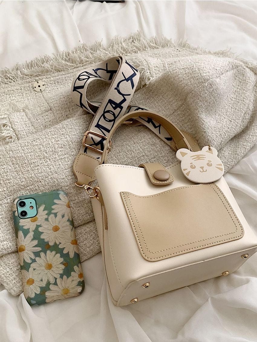 Colorblock Letter Strap Bucket Bag