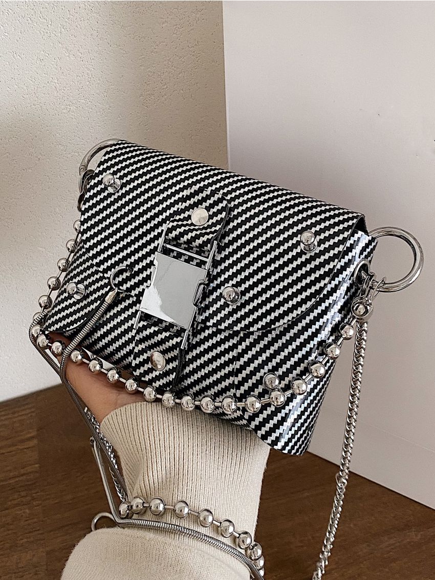Striped Print Studded Decor Metal Lock Chain Square Bag