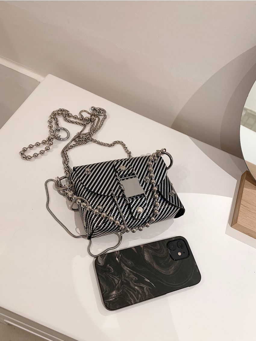 Striped Print Studded Decor Metal Lock Chain Square Bag