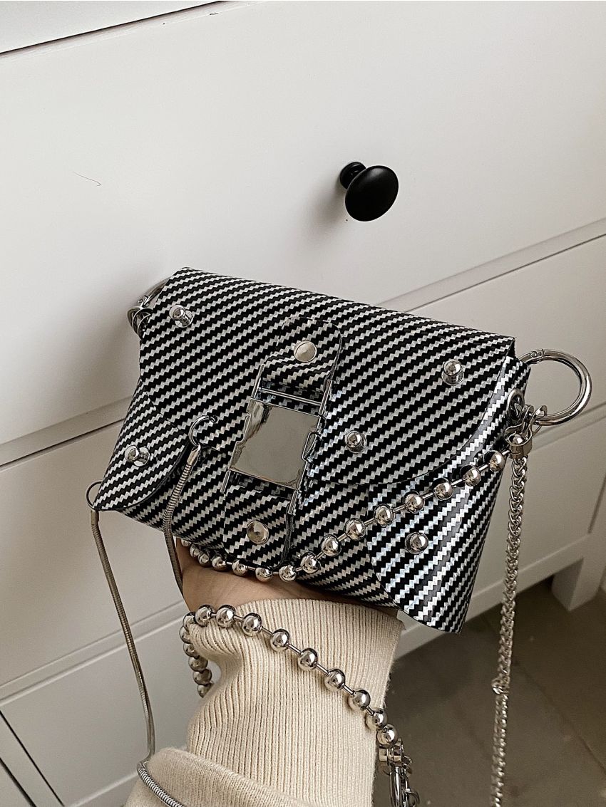 Striped Print Studded Decor Metal Lock Chain Square Bag