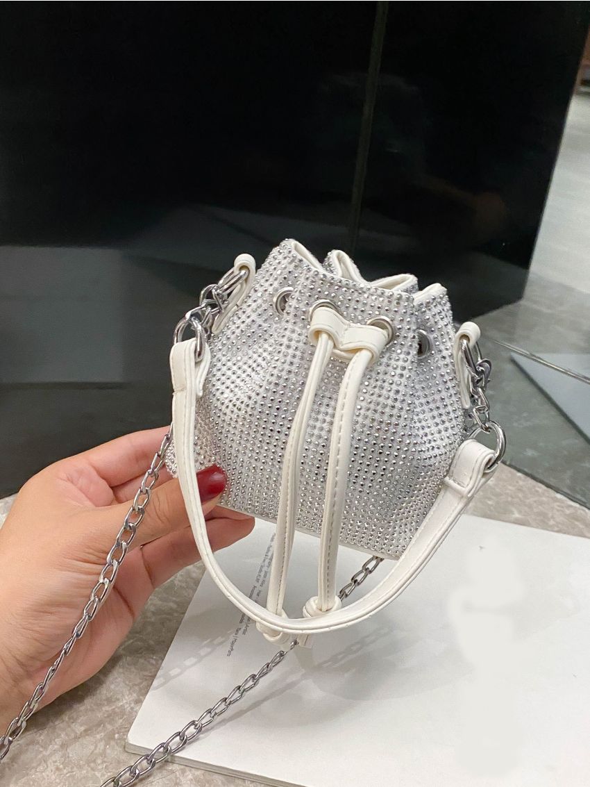 Mini Rhinestone Decor Drawstring Bucket Bag