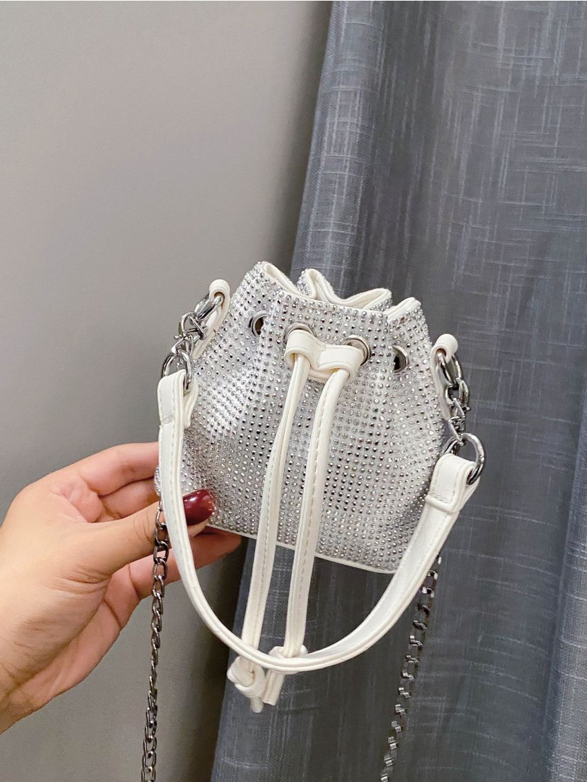 Mini Rhinestone Decor Drawstring Bucket Bag