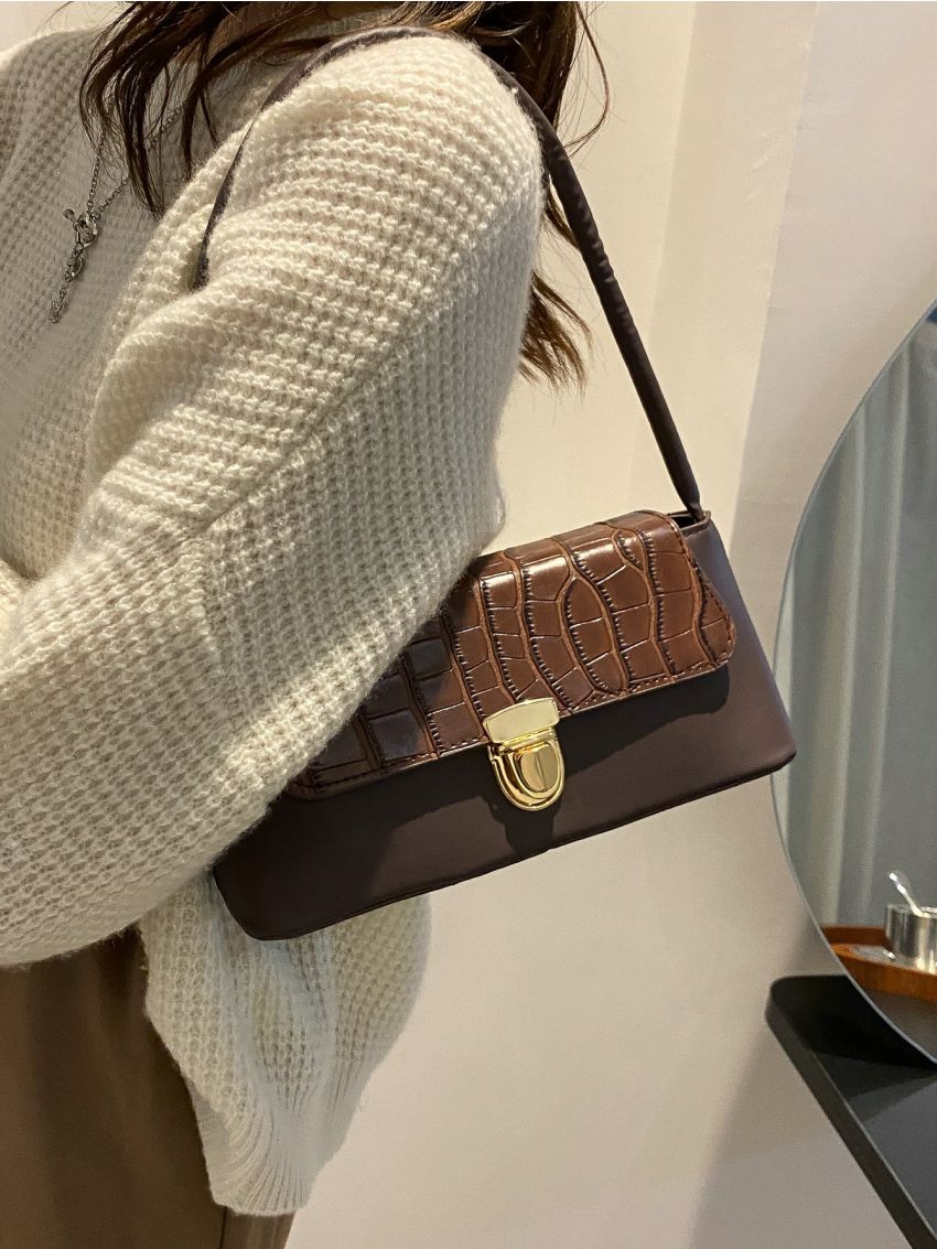 Push Lock Design Crocodile Embossed Baguette Bag