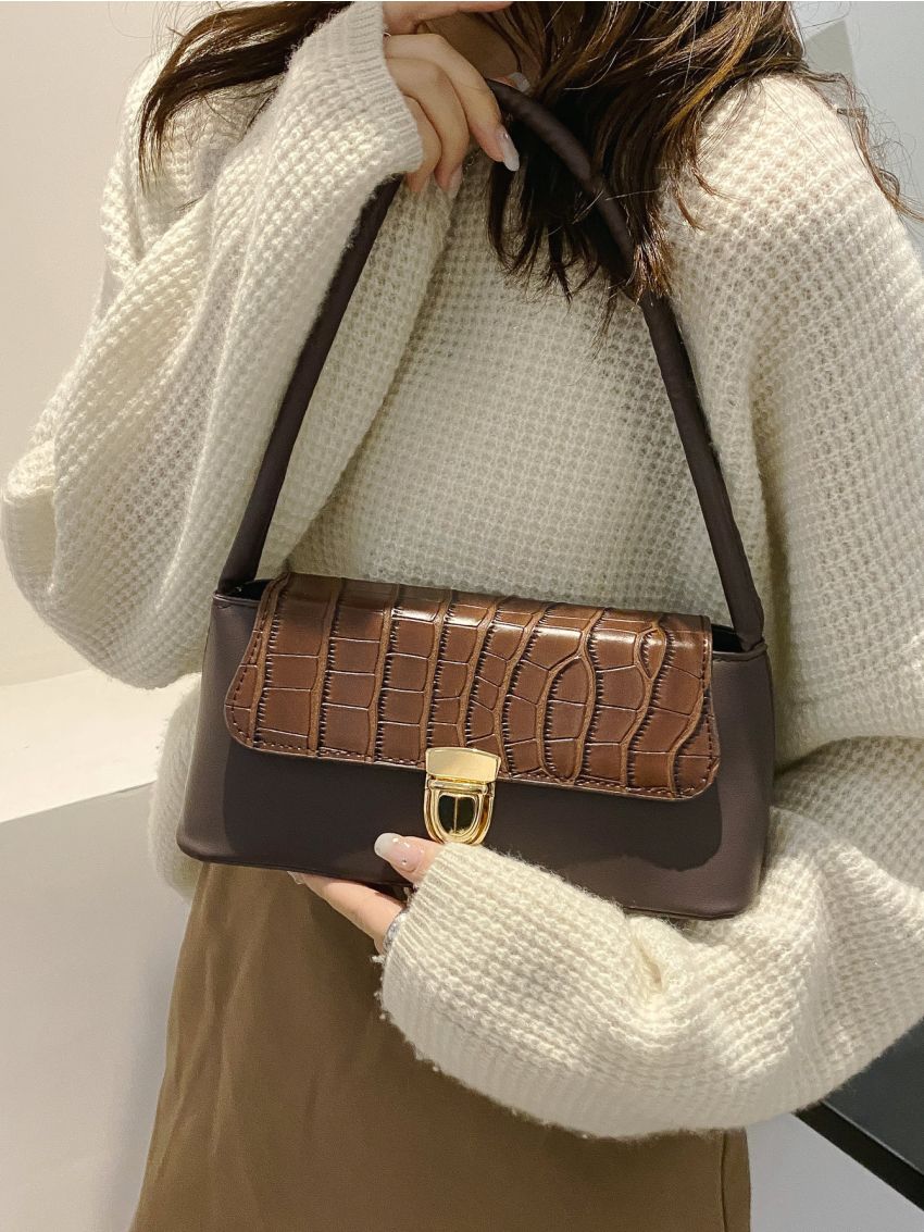 Push Lock Design Crocodile Embossed Baguette Bag