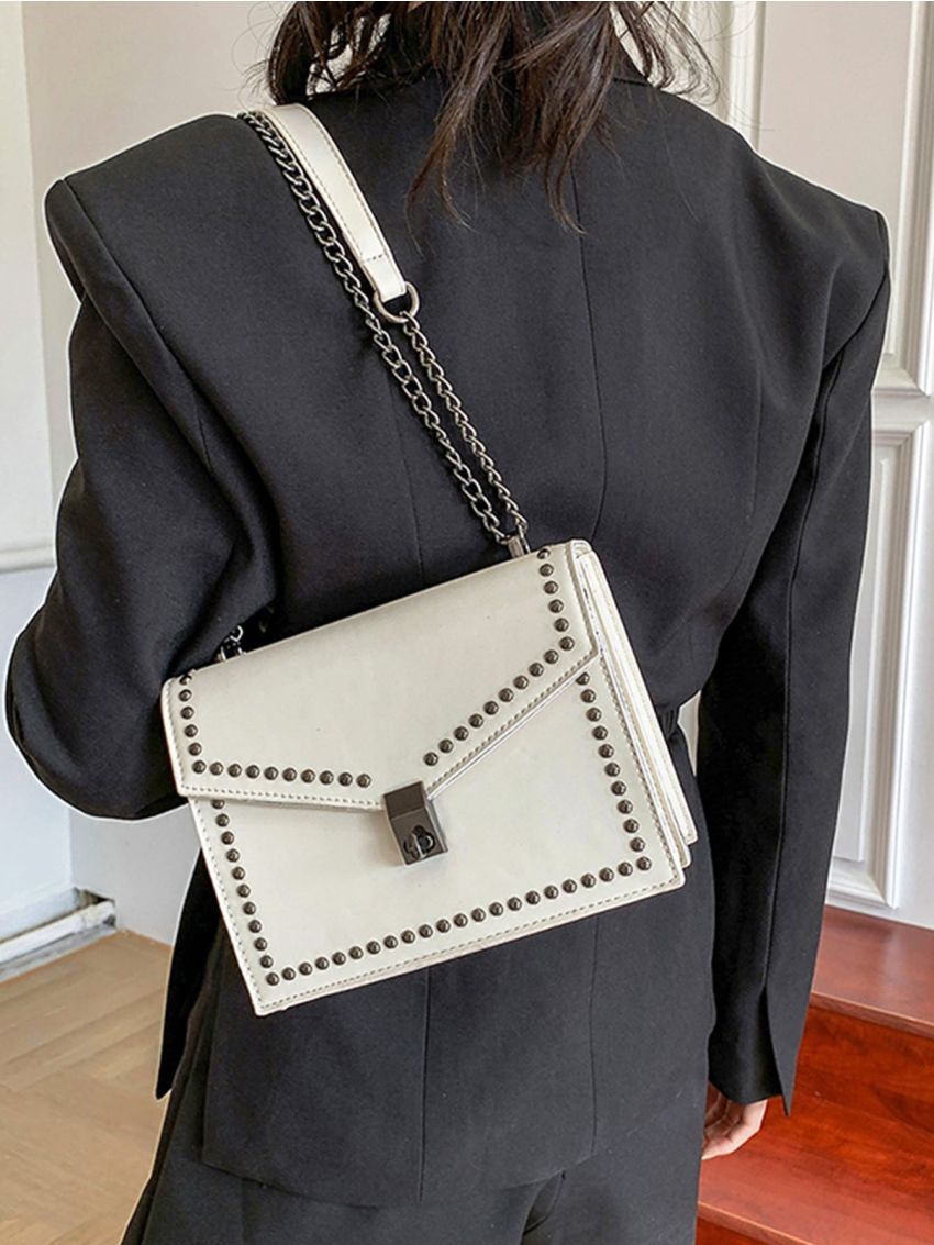 Studded Decor Chain Flap Square Bag