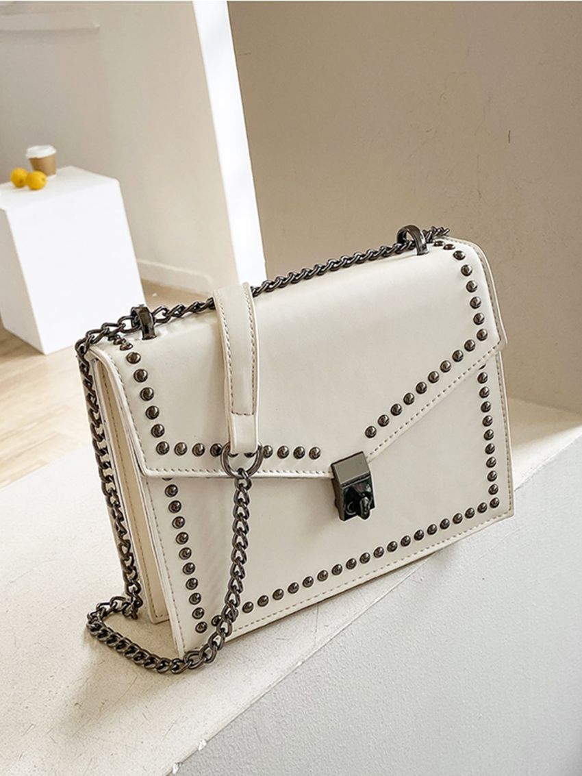 Studded Decor Chain Flap Square Bag