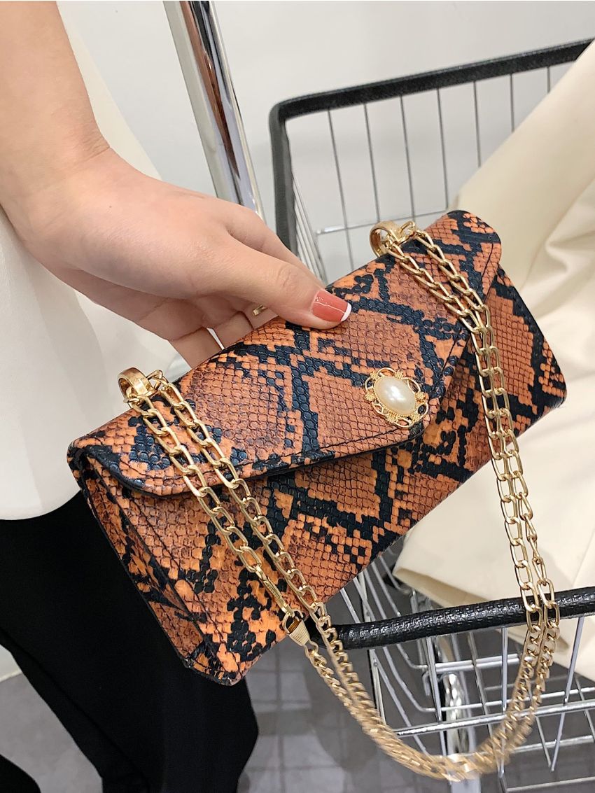 Colorblock Snakeskin Pattern Faux Pearl Decor Chain Square Bag