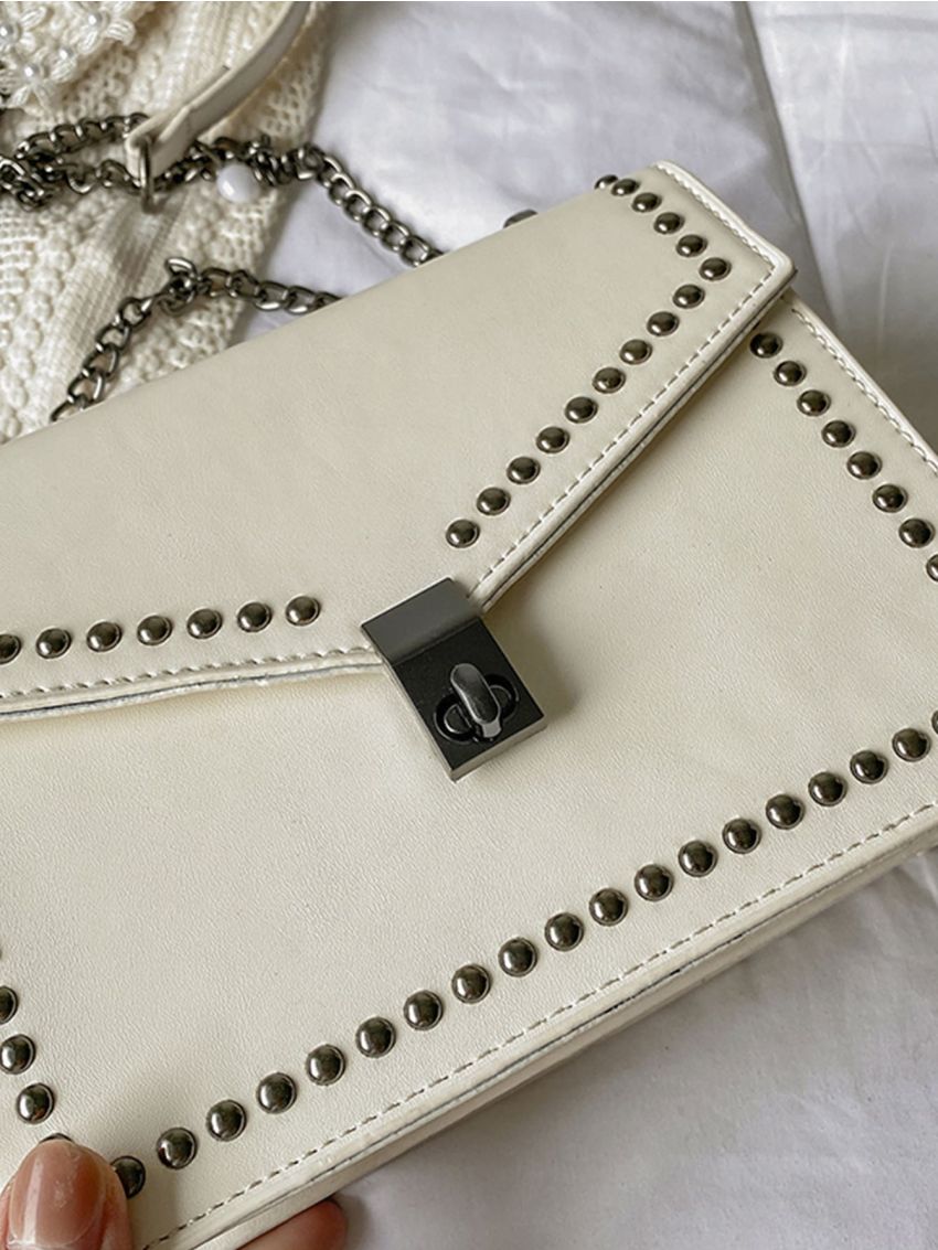 Studded Decor Chain Flap Square Bag