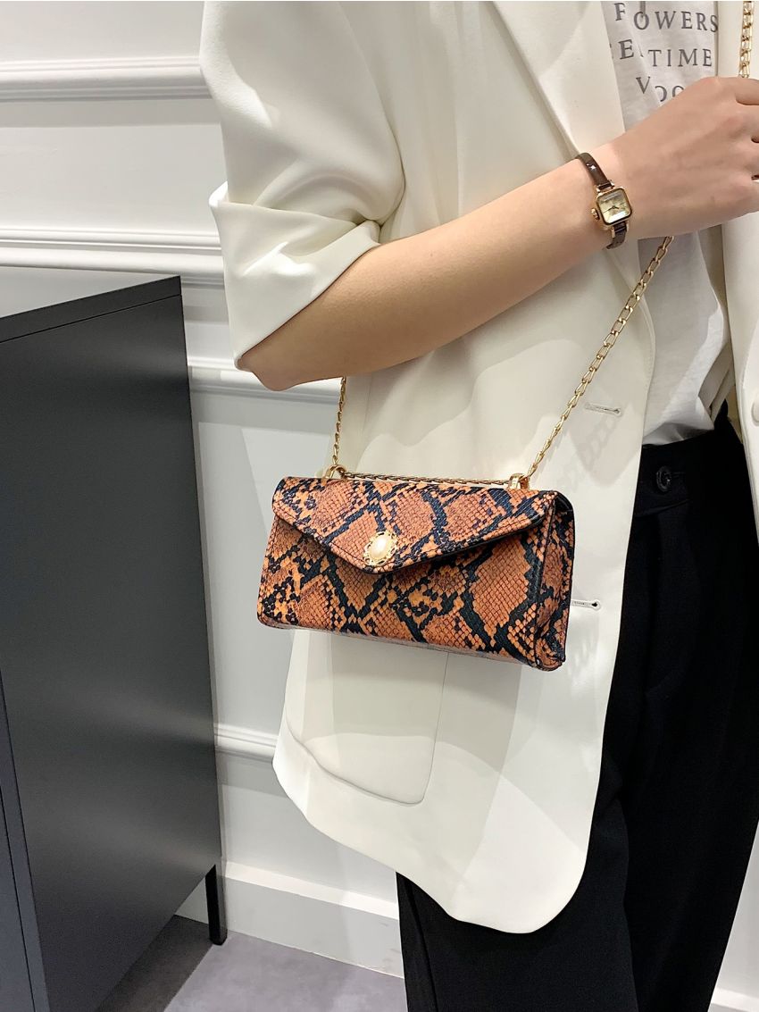 Colorblock Snakeskin Pattern Faux Pearl Decor Chain Square Bag