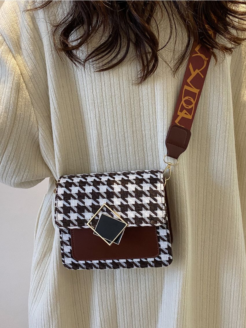Mini Houndstooth Graphic Flap Square Bag