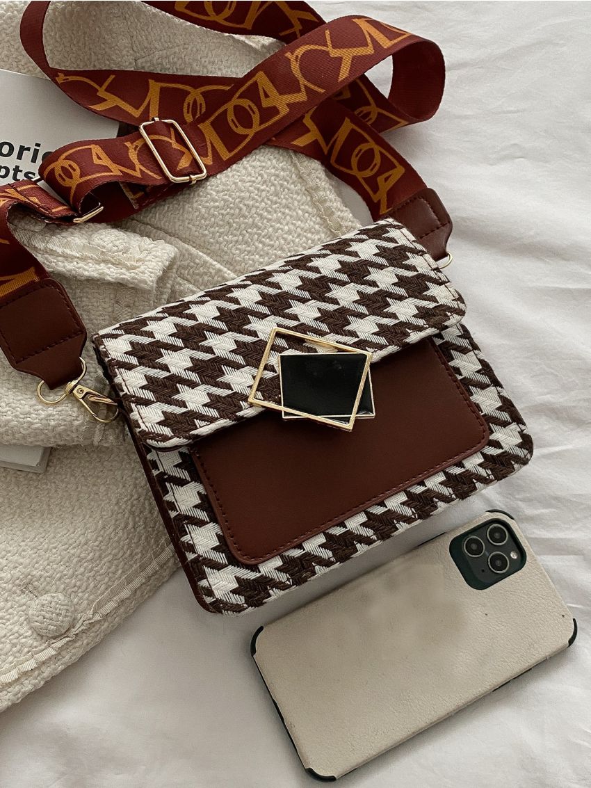 Mini Houndstooth Graphic Flap Square Bag