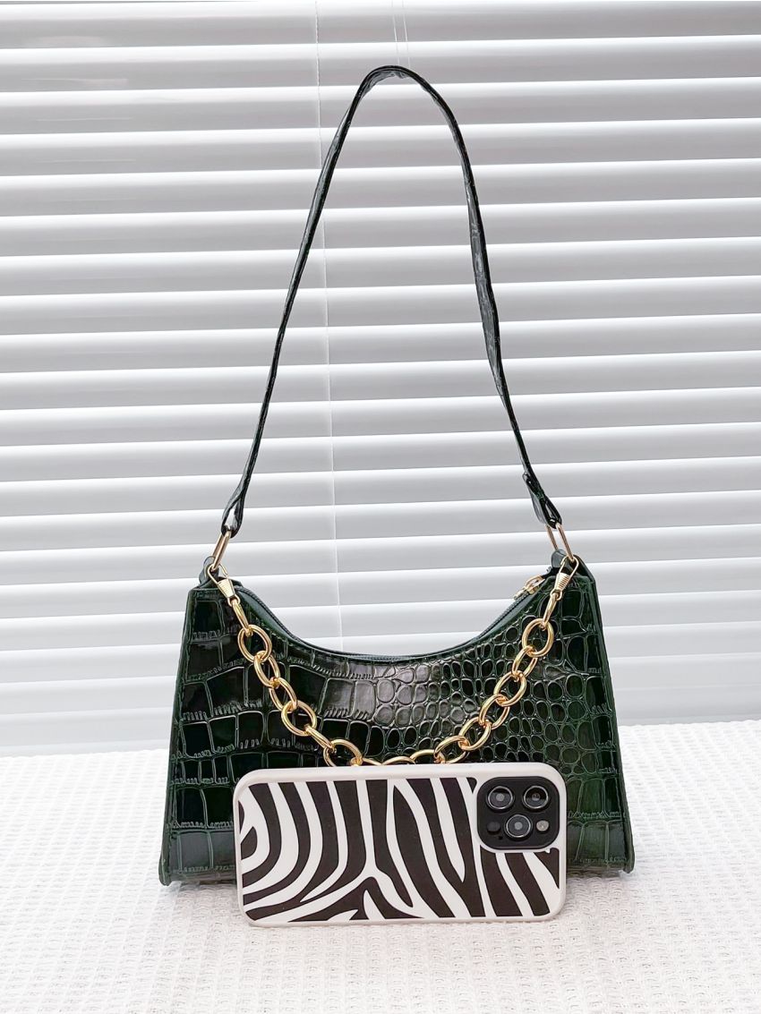 Crocodile Embossed Chain Baguette Bag