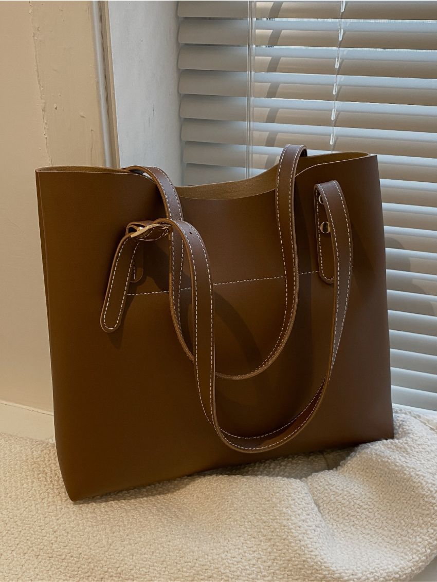 Minimalist Stitch Detail Shoulder Tote Bag