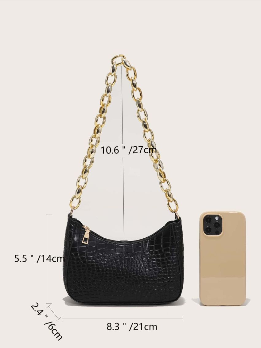 Crocodile Embossed Chain Baguette Bag