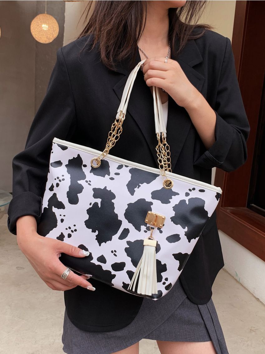 Cow Pattern Tassel Decor Tote Bag