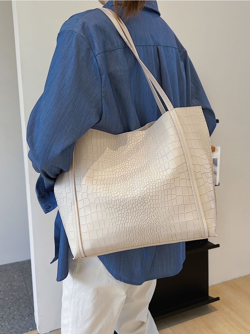 Crocodile Embossed Tote Bag With Inner Pouch