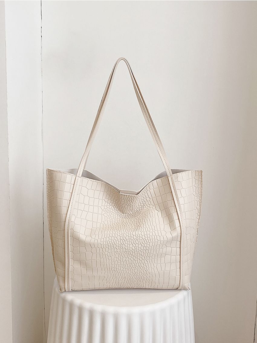 Crocodile Embossed Tote Bag With Inner Pouch