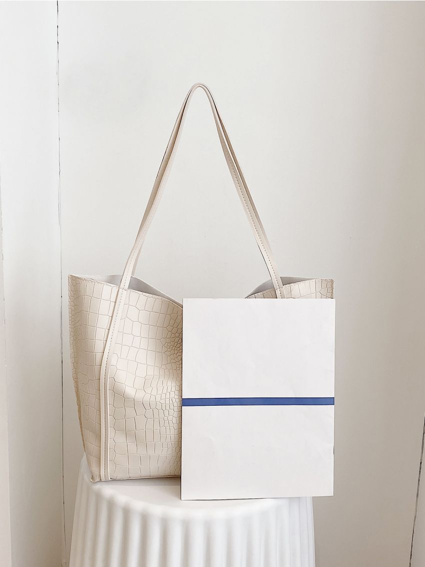 Crocodile Embossed Tote Bag With Inner Pouch