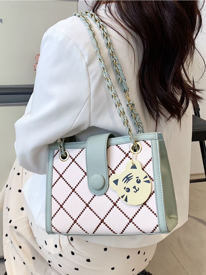 Quilted Snap Button Chain Square Bag