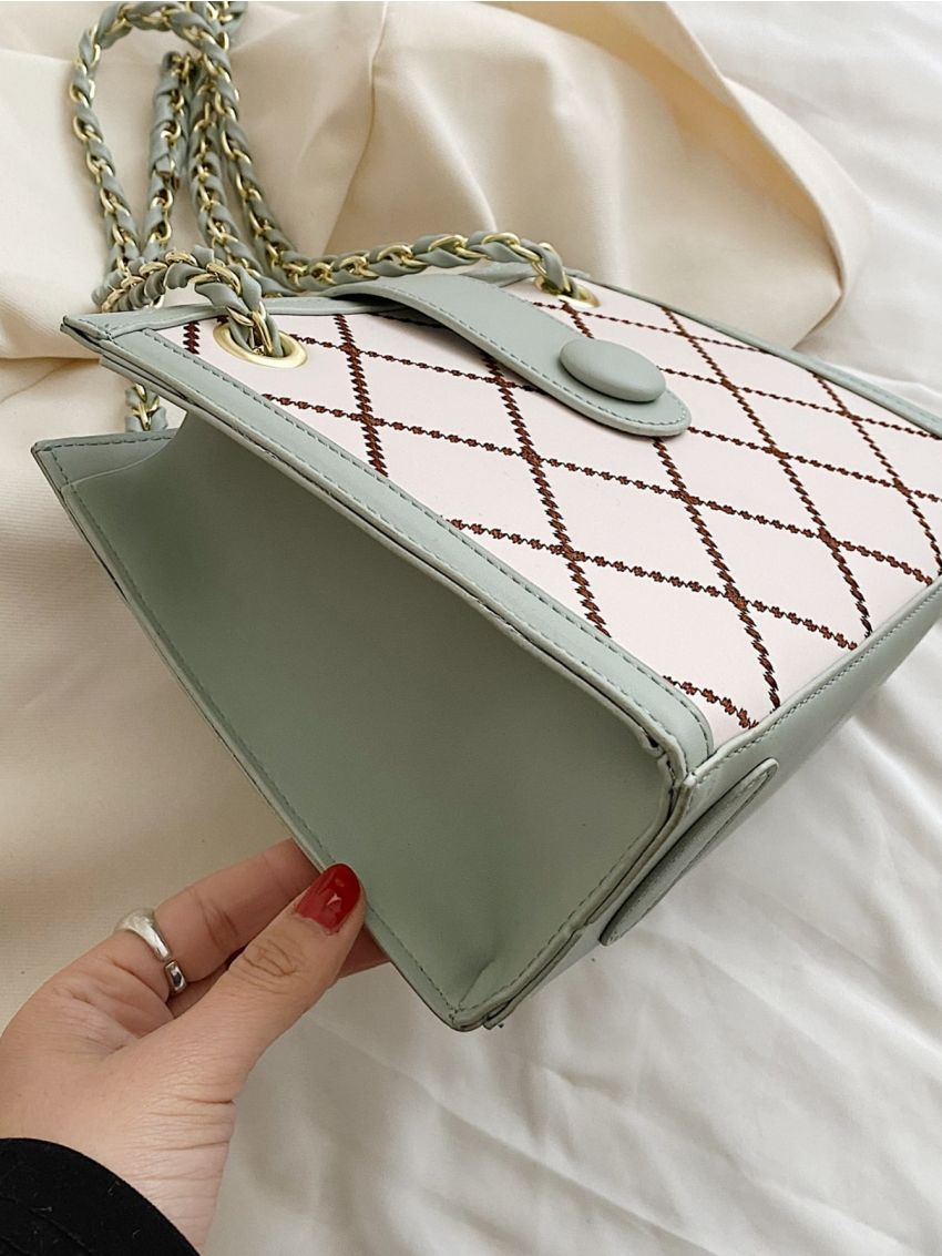 Quilted Snap Button Chain Square Bag