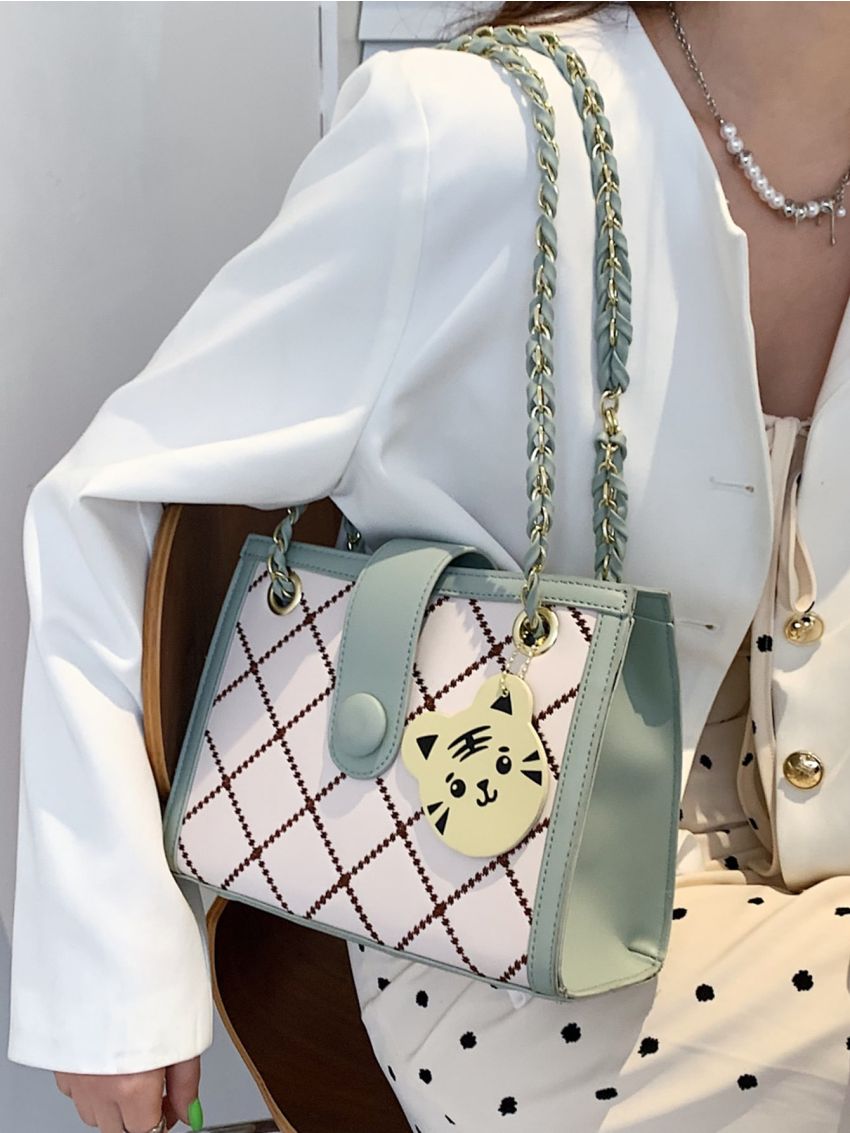 Quilted Snap Button Chain Square Bag